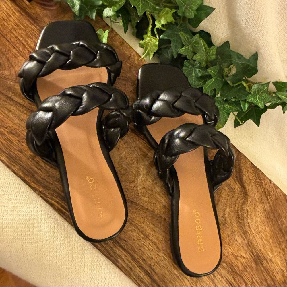 Bamboo Black Double Braided Strap Slide Mule Sandals Size 6